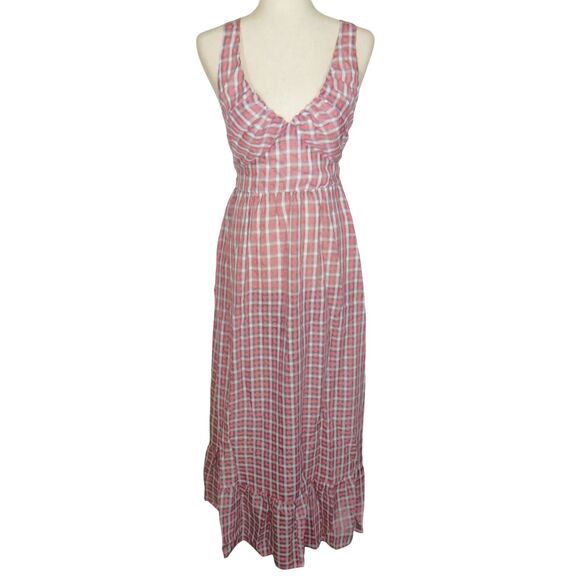 Halara Pink Multi Plaid Lightweight Flowy Ruffled Hem V Neck Dress Size Small - Picture 2 of 9